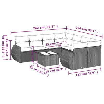 9-delige Loungeset met kussens poly rattan grijs - thumbnail
