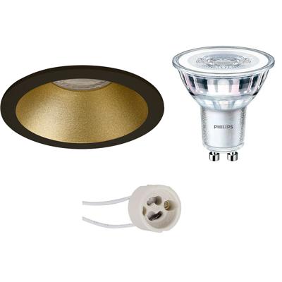 LED Spot Set - Pragmi Pollon Pro - GU10 Fitting - Inbouw Rond - Mat Zwart/Goud - Verdiept - Ø82mm - Philips - CorePro 840 36D - 4W - Natuurlijk Wit 4000K - Dimbaar