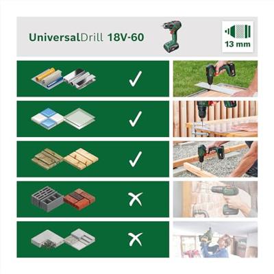 Bosch Groen UniversalDrill 18V-60 | Accuschroefboormachine met twee standen | 2 x 2.0 Ah accu + lader 06039D7002 - thumbnail