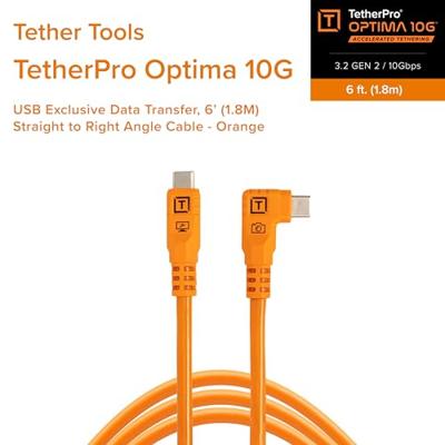 Tether Tools TetherPro Optima 10G USB exclusieve gegevensoverdracht, 6' (1,8 m) rechte naar rechtshoekige kabel - oranje | Niet compatibel met Fuji GFX-modellen