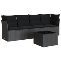 5-delige Loungeset met kussens poly rattan zwart - thumbnail