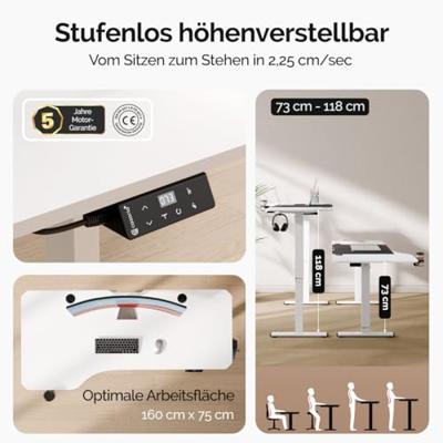 Zit Sta Bureau In hoogte verstelbaar - Wit 160x75x73-118cm