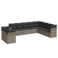 10-delige Loungeset met kussens poly rattan grijs - thumbnail