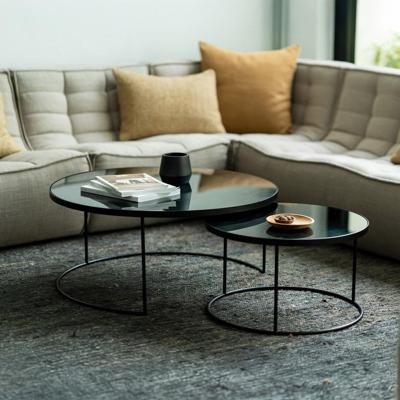 Ethnicraft Ronde Salontafel 'Nesting' Spiegelglas, Set van 2 stuks, kleur Charcoal