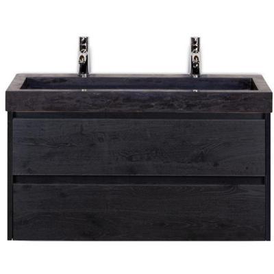 Dante Badmeubelset 100 cm - Black Oak - Wastafel Hardsteen Wit Lucca 2 Kraangaten
