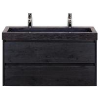 Dante Badmeubelset 100 cm - Black Oak - Wastafel Hardsteen Wit Lucca 2 Kraangaten - thumbnail