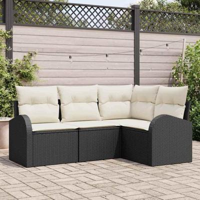 Tuinbankenset met kussen 4 pcs Zwart en Wit poly rattan