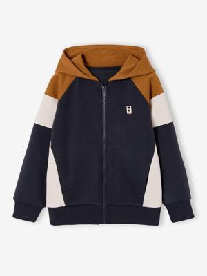 Sweater met rits jongen met capuchon coloblock okergeel