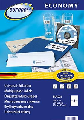 Europe 100 ELA026 Universele etiketten 210 x 148.5 mm Papier Wit 200 stuk(s) Permanent hechtend Inkjet, Laser (zwart/wit), Laser (kleur), Kopiëren (zwart/wit),