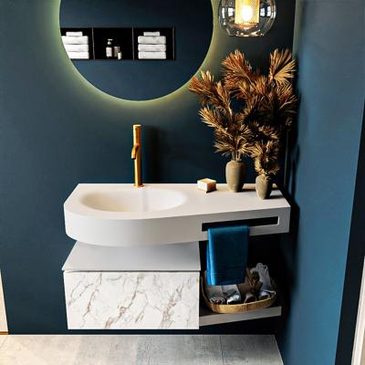 MONDIAZ RIVA 100cm badmeubel onderkast / planchet kleur carrara met 1 lade. Wastafel DULCET links 1 kraangat kleur Talc.