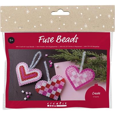 Creativ Company Mini hobbyset strijkkralen, kerstharten, roze, lichtroze, primair rood, wit, 1 doos