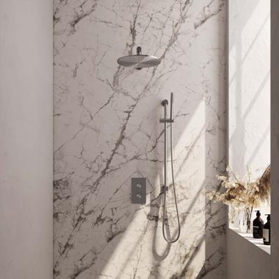 Regendoucheset Inbouw Brauer Brushed Carving Thermostatisch 30 cm met 3-Weg Omstelling, Wandarm, Glijstang en Staaf Handdouche Geborsteld RVS Brauer