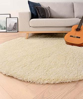 Tapeso Rond hoogpolig vloerkleed shaggy Grand effen - crème - 80 cm