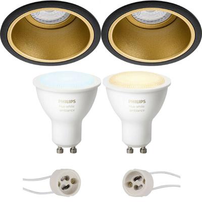 Pragmi Minko Pro - Inbouw Rond - Mat Zwart/Goud - Verdiept - Ø90mm - Philips Hue - LED Spot Set GU10 - White Ambiance - Bluetooth