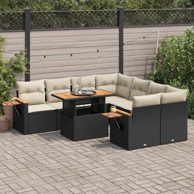 9-delige Loungeset met kussens poly rattan acacia zwart