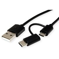ROLINE Kabel USB Micro B + Typ C M/M to USB2.0 A M, OTG, zwart, 1 m - thumbnail