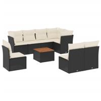 9-delige Loungeset met kussens poly rattan zwart - thumbnail