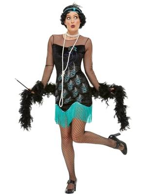 Jaren 20 flapper kostuum pauw