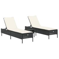 3-delige Ligbeddenset met kussens poly rattan zwart - thumbnail