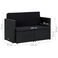 Tuinbank 2-zits met kussens poly rattan zwart - thumbnail