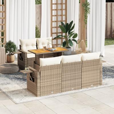 6-delige Loungeset met kussens poly rattan beige