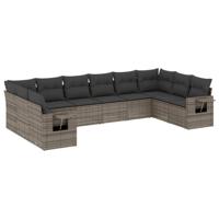 10-delige Loungeset met kussens poly rattan grijs - thumbnail