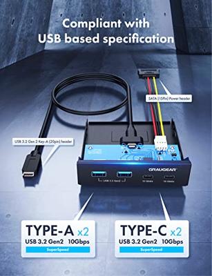 GRAUGEAR GMP02, G-MP02, 4 aansluitingen, 10 Gbit/s frontpaneel, 2 x USB-C + 2 x USB-A USB 3.2 Gen2 HUB, frontpaneel voor 3,5 inch schacht, USB 3.2 Gen2 Key A 20-pins header, metaal