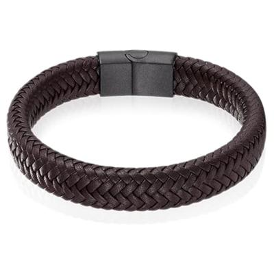Gevlochten Leren Armband Heren Edelstaal Sluiting Bruin Zwart-22cm