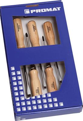Promat/Tecwerk Schroevendraaierset | 5-delig sleuf / PH | houten greep | ronde kling met 6-kant aanzet - 4000827116 Promat/Tecwerk Schroevendraaierset | 5-delig sleuf / PH | houten greep | ronde kling met 6-kant aanzet - 4000827116