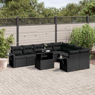 10-delige Loungeset met kussens poly rattan zwart - thumbnail