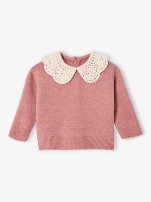 Baby trui in tricot met gehaakte kraag roze (poederkleur)