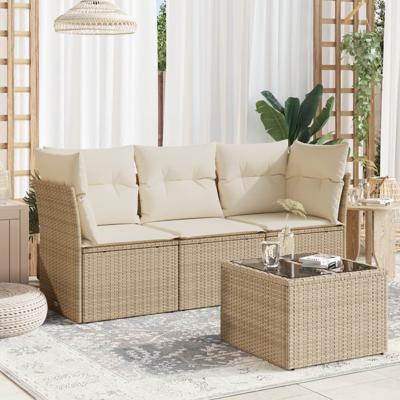 4-delige Loungeset met kussens poly rattan beige - thumbnail