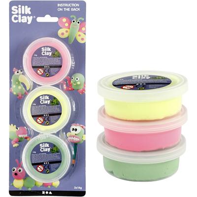 Silk Clay ®, lichtgroen, neon roze, neon geel, 3x14 gr/ 1 doos Silk Clay ®, lichtgroen, neon roze, neon geel, 3x14 gr/ 1 doos