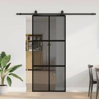 Schuifdeur met beslagset 90x205 cm gehard glas zwart - thumbnail