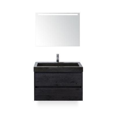Dante Badmeubelset 80 cm - Black Oak - Wastafel Hardsteen Wit Lucca - met Sence Spiegel
