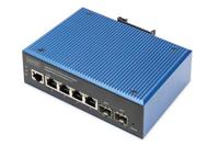 DIGITUS PoE netwerk switch - 6-poorts Gigabit Ethernet - 4x RJ45 + 2x SFP - IP40 - L2 managed - 10/100/1000 Mbit/s - DIN rail montage - industriële serie - zwart/blauw - thumbnail