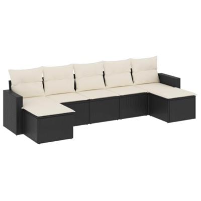 7-delige Loungeset met kussens poly rattan zwart