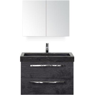 Seville Badmeubelset 80 cm - Black Oak - Wastafel Hardsteen Wit Lucca met Spiegelkast