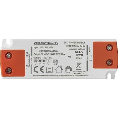 Basetech LD-12-20 LED-transformator Constante spanning 20 W 1.66 A Geschikt voor meubels, Overspanning, Montage op ontvlambare oppervlakken 1 stuk(s)