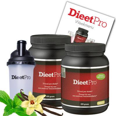 2 potten DieetPro Vanille STEVIA plus Gratis Shaker
