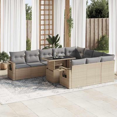 11-delige Tuinset met kussens poly rattan beige