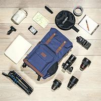 Mantona Luis Retro fotorugzak (met echt lederen applicaties, incl. regenhoes, flexibele indeling en laptopvak, geschikt voor 1x DSLR-camera, 3x lenzen en diverse fotoaccessoires) blauw - thumbnail