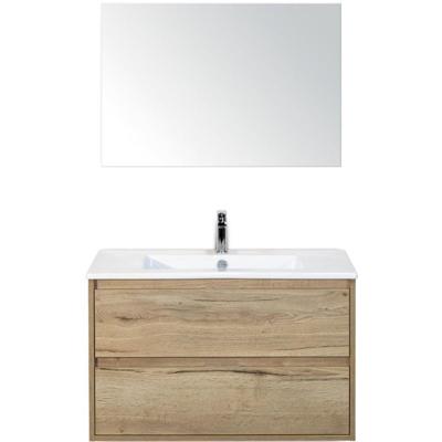 Porto Badmeubelset 90 cm - Natuur Eiken - Keramische Wastafel Wit Slim met Spiegel