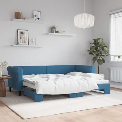 Slaapbank met onderschuifbed 80x200 cm fluweel blauw