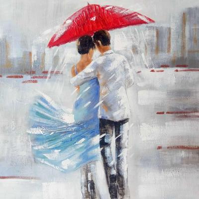 Schilderij -Handgeschilderd - Onder de paraplu - multikleur - 100x100cm