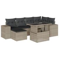 7-delige Loungeset met kussens poly rattan lichtgrijs - thumbnail