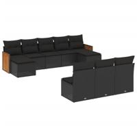 10-delige Loungeset met kussens poly rattan zwart - thumbnail