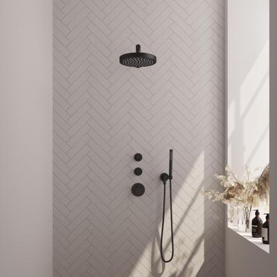 Brauer Stripe thermostatische inbouw regendouche SET 01 met 25 cm douchekop en rechte muurarm en staaf handdouche en doucheslang en wandaansluitbocht mat zwart