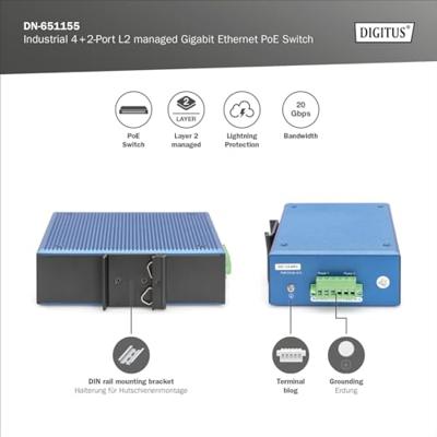 DIGITUS PoE netwerk switch - 6-poorts Gigabit Ethernet - 4x RJ45 + 2x SFP - IP40 - L2 managed - 10/100/1000 Mbit/s - DIN rail montage - industriële serie - zwart/blauw