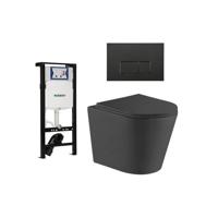 QeramiQ Dely Toiletset - 36.3x51.7cm - diepspoel - rimless - Inbouwreservoir met Geberit UP320 spoelmechanisme - softclose toiletzitting - mat zwarte bedieningsplaat - rechtehoekige knoppen - zwart mat SW1026253/SW1381697/SW706193/SW1000768 - thumbnail